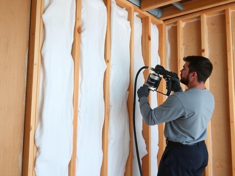 Soundproofing spray foam insulation installed between wall studs