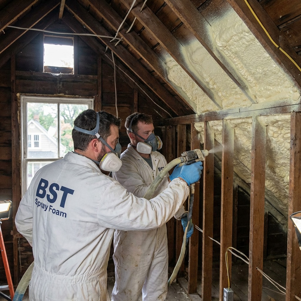 Two BST Spray Foam technicians applying spray foam insulation